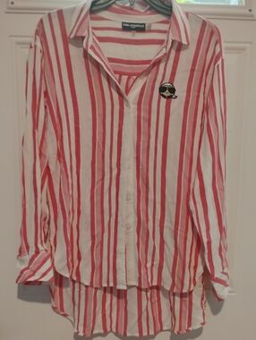 Karl Lagerfeld Red & White Striped Button-Down Shirt with Logo Patch